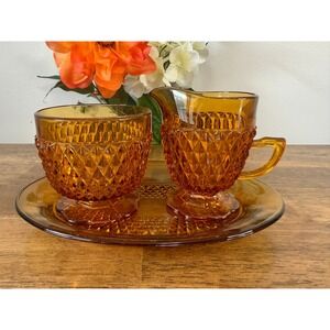 Indiana Glass Diamond Point Amber Creamer Sugar Set Oval Platter Vintage Kitchen